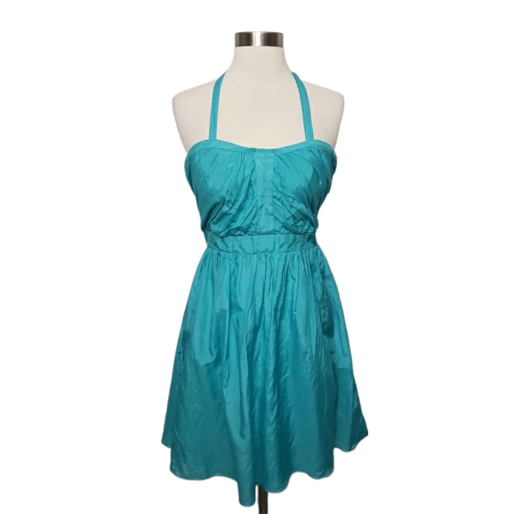 QI XS Aqua Turquoise Silk Blend Halter Party Formal Dress